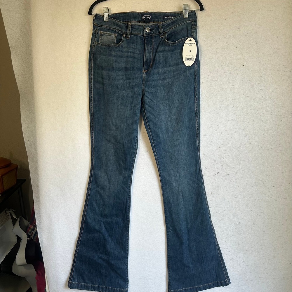 Scoop High Rise Flare Jeans Womens 10 Blue Denim Stretch Retro Wide Leg New